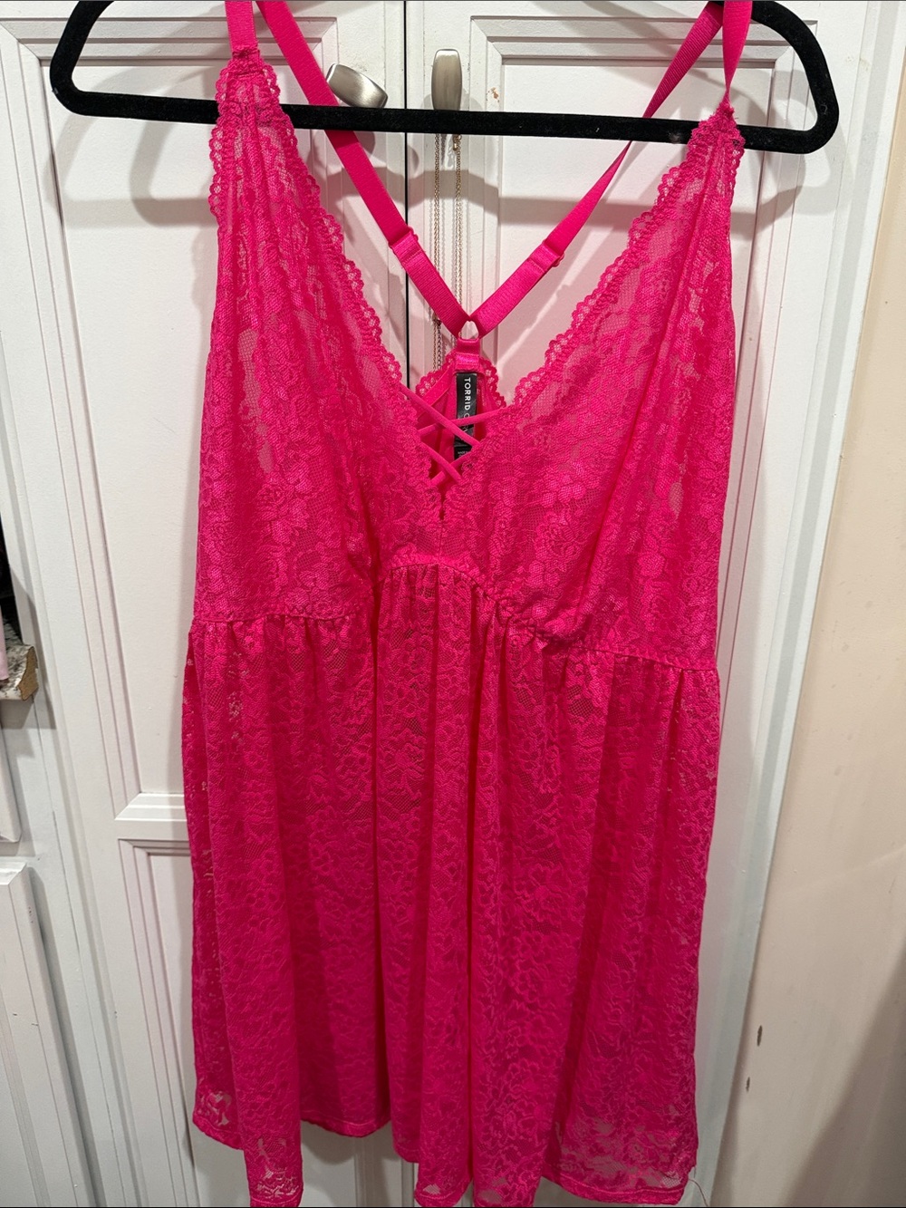 Women's Lace Chemise Slip with Crisscross Back in Hot Pink